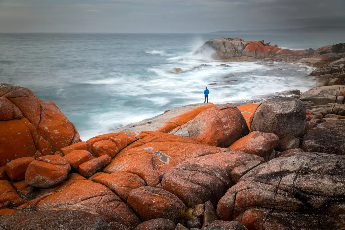A person in a blue jacket stands on orange and gray rocks by the ocean at the Bay of Fires, Tasmania, watching waves crash against the shoreline under a cloudy sky. | Aussie Loop