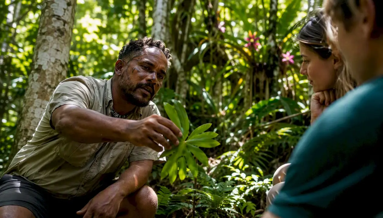 Indigenous guide touching rainforest foliage