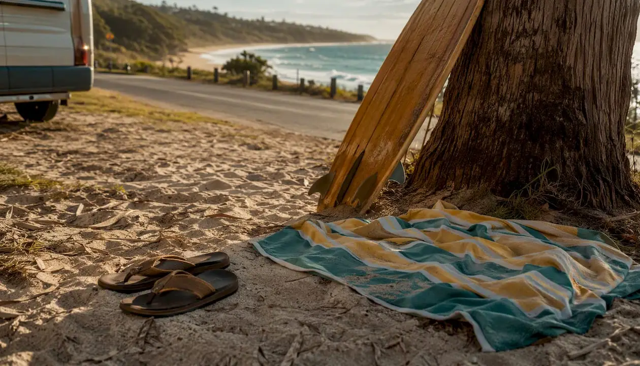 Campervan gear and coastal beach stop