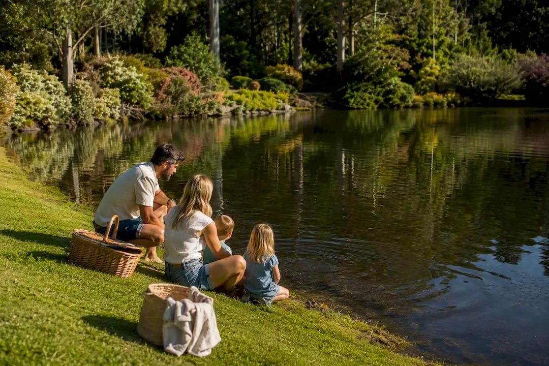 Family watching platypus at Founders Lake